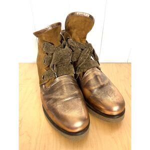 Anthropologie Casta Women's Bronze Metallic Leather Lace up Boots Rubber Sole 39